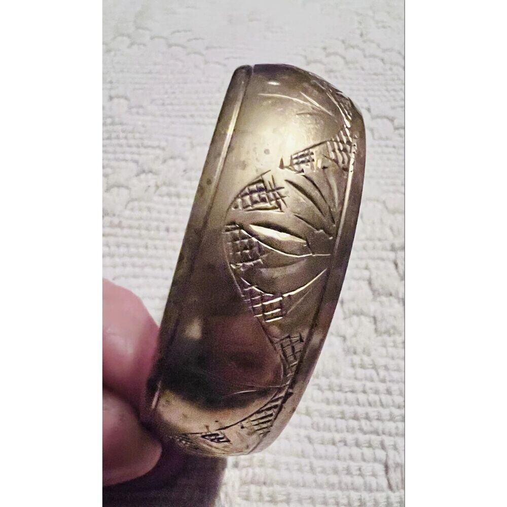 Vintage Brass Cuff Bangle Bracelet Etched Lotus Flowers